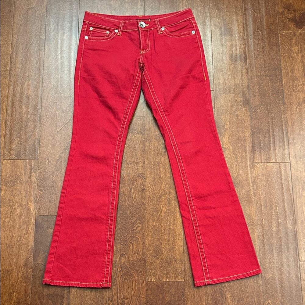 Hot Kiss Hallie Retro Y2K Red Low Rise Jeans with Contrast Stitching, Size 5/27